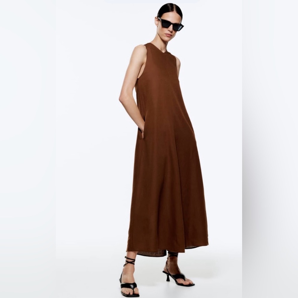 VGUC Zara linen blend voluminous dress with pockets. Small. Brown.